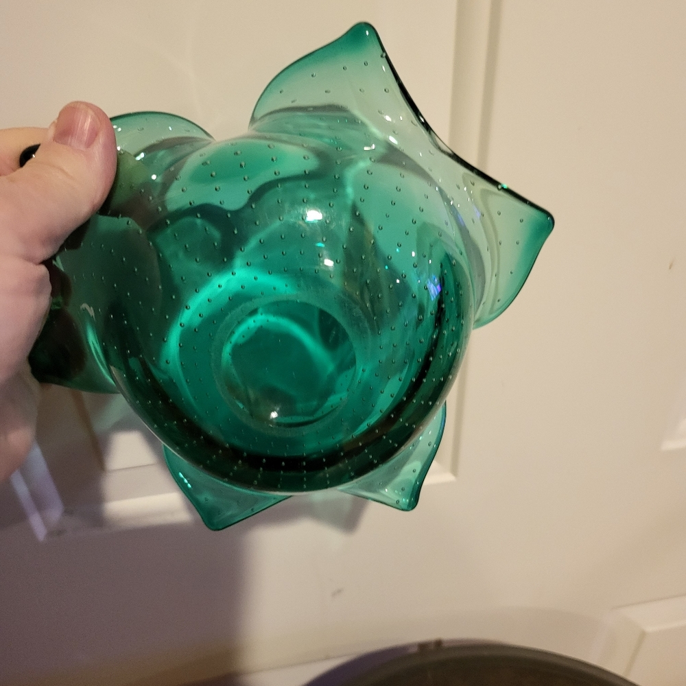 VINTAGE 50's CARL ERICKSON STUDIO GLASS GREEN CONTROLLED BUBBLE ASHTRAY 7" - Picture 7 of 8